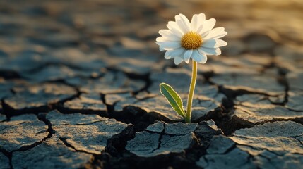 Resilience in Arid Land Single Daisy Blooming Through Cracked Earth Symbolizing Hope and Perseverance Against All Odds Under Warm Sunlight