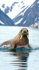 Fototapeta premium A magnificent walrus gracefully swims through the frigid waters of the Arctic, surrounded by breathtaking mountains under a clear blue sky