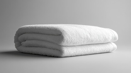 A pristine white beach towel, folded in a neat triangle, rests on a neutral gray surface, emphasizing its texture and minimalist design, ready to be adorned with your brand or message.