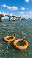Obraz premium Lifebuoys float near a pier under a bright blue sky with scattered clouds at a serene waterfront location
