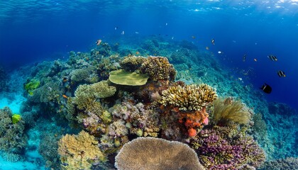 Vibrant coral reef seen from above, colorful fish and marine life visible through the transparent water, creating a stunning underwater world full of life and color.
