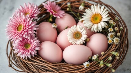 wicker nest filled with pastel-colored Easter eggs