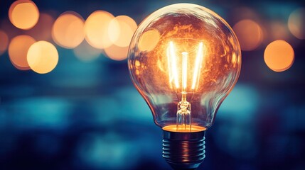 Edison bulbs hanging from the ceiling, with the main focus on the bulb in the center of the frame. The bulb is lit, emitting a warm yellow glow from its filament that is clearly visible inside