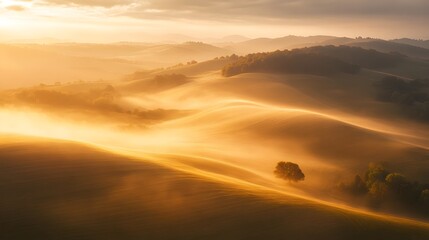 Fototapeta premium Beautiful rolling hills with warm golden sunlight and thick fog