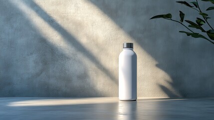 A sleek, white water bottle, its metal lid gleaming in the sunlight, sits poised against a minimalist grey backdrop, ready to capture the essence of modern hydration and active lifestyles.