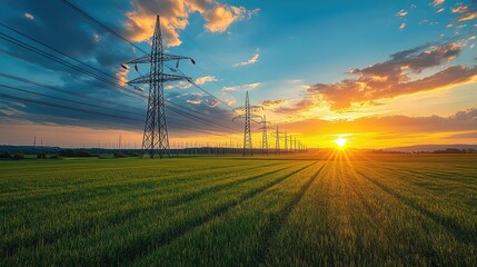 Obraz premium Sunset over fields with power lines and vibrant sky