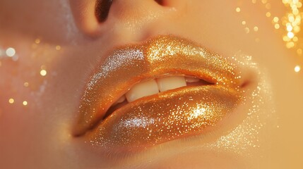 Fototapeta premium Close-up of a woman's lips. the lips are painted with a shiny, metallic gold lipstick. the background is blurred, but it appears to be a golden color with small, sparkling lights scattered throughout.