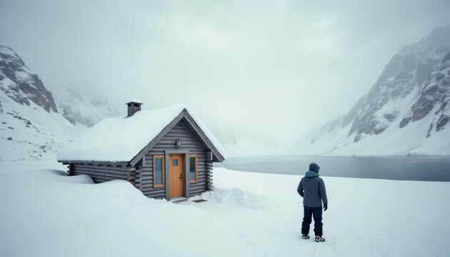 Person standing near snow-covered cabin in winter mountains