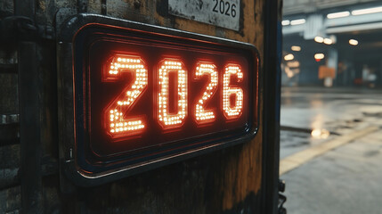 Glowing Digital 2026 Sign on Rusty Metal Panel in Dark Industrial Setting