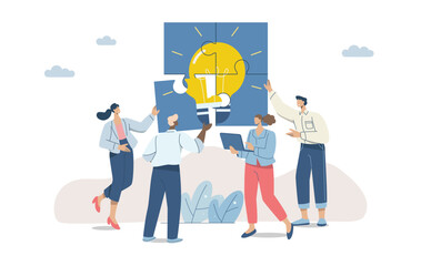 Team meeting to develop common ideas, Business team brainstorming, Teamwork with all employees involved, Business people connecting light bulb jigsaw puzzle together. Flat vector illustration.