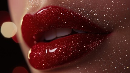 Obraz premium Close-up of a woman's lips. the lips are painted with a glossy red lipstick that is covered in small white glitter particles.
