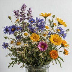"A small bouquet of wildflowers, artistically arranged with a clean white background."