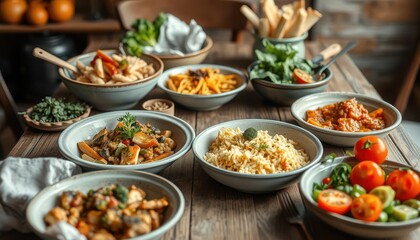 Culinary showcase of diverse dishes rustic kitchen table food photography warm ambiance overhead view gastronomy delight