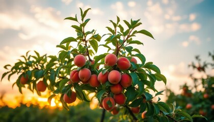 Fototapeta premium Harvesting juicy plums at sunset orchard photography natural environment close-up seasonal fruits