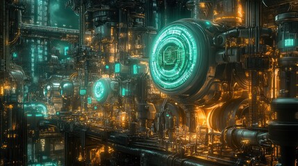 Obraz premium futuristic industrial complex with luminous control panels and intricate piping illuminated by a combination of teal and orange lighting elements