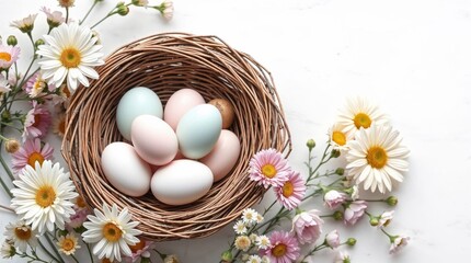 wicker nest filled with pastel-colored Easter eggs