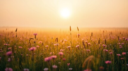Prairie avec de nombreuses fleurs au printemps, par une journée ensoleillée. Paysage naturel en début d'été