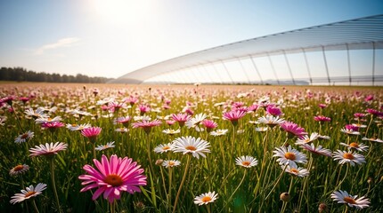 Prairie avec de nombreuses fleurs au printemps, par une journée ensoleillée. Paysage naturel en début d'été