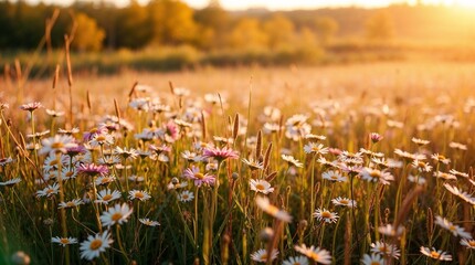 Prairie avec de nombreuses fleurs au printemps, par une journée ensoleillée. Paysage naturel en début d'été