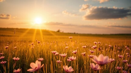 Prairie avec de nombreuses fleurs au printemps, par une journée ensoleillée. Paysage naturel en début d'été