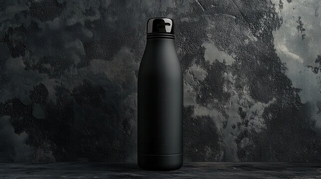 A sleek, matte black water bottle, its minimalist design exuding confidence and professionalism, rests against a deep, dark backdrop, ready to capture attention and promote your brand.