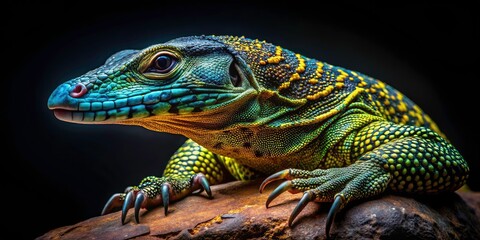 Fototapeta premium Nile Monitor Lizard Silhouette, South Africa Reptile Portrait, Varanus niloticus, Dark Background, Wildlife Photography, Colorful Lizard