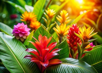Lush Tropical Blooms: Vibrant Flowers and Green Leaves