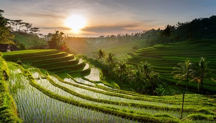 Fototapeta premium Stunning rice terraces in Bali at sunrise, layers of lush green fields reflecting the golden light, capturing the beauty and serenity of nature in a tranquil landscape. 