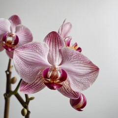 "A delicate pink orchid with soft shadows on a bright white background."