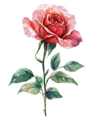 Single red rose watercolor painting on white background.