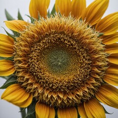 "A macro shot of a vibrant sunflower, highlighting intricate petal textures on a white backdrop."