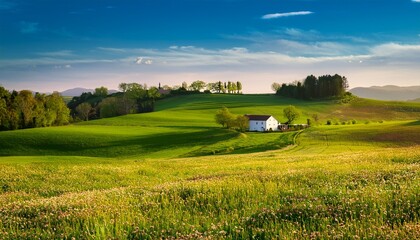 Spring countryside with rolling green fields, blooming flowers, and a picturesque farmhouse in the distance, capturing the charm and tranquility of rural life.
