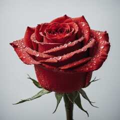 "A close-up of a single red rose with dewdrops, set against a pure white background."