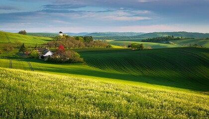 Fototapeta premium Spring countryside with rolling green fields, blooming flowers, and a picturesque farmhouse in the distance, capturing the charm and tranquility of rural life. 
