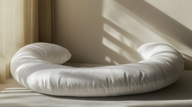 A pristine white U-shaped travel pillow, a haven of comfort and tranquility, rests against a neutral wall backdrop, promising restful nights and moments of relaxation within the confines of your home.