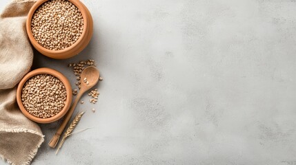 Natural ingredients arranged on a textured surface with bowls of seeds, a wooden spoon, and wheat stalks