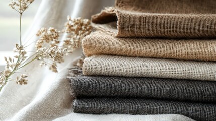 Stacked Neutral Colored Fabric Swatches Near Dried Flowers