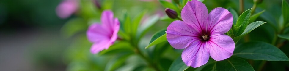 Close-up shot of vibrant purple flowers blooming amidst lush green leaves in garden, plant, flora