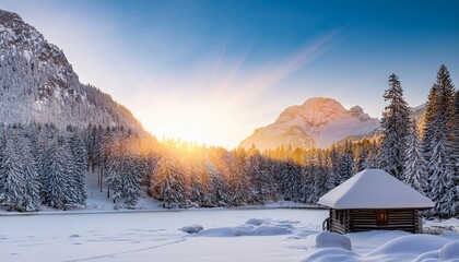 Snow-covered alpine valley at sunrise, golden light reflecting on icy lakes, with a cozy wooden cabin nestled amidst the tranquil winter landscape.
