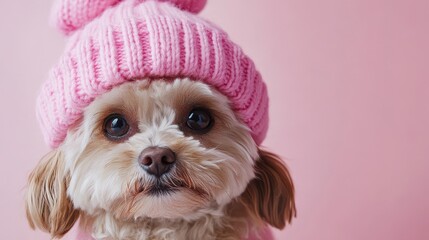 A pampered pooch in a playful pink hat, exuding an air of pure joy and tranquility against the backdrop of a soft blush pink backdrop, embodies the essence of a delightful grooming and spa experience.