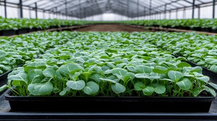 Green seedlings thriving in a greenhouse setup for optimal growth and cultivation of vegetables and plants