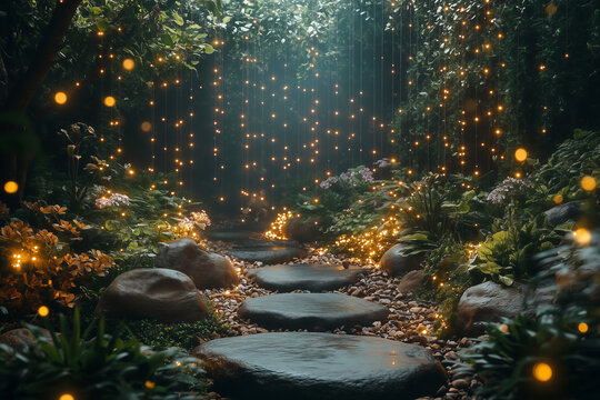Stone pathway through a lush green forest illuminated with sparkling golden lights creating a magical atmosphere