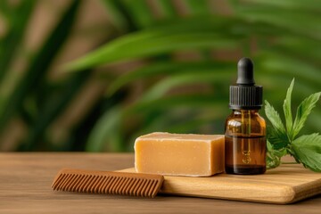 Natural skincare arrangement featuring soap, oil, comb, and fres