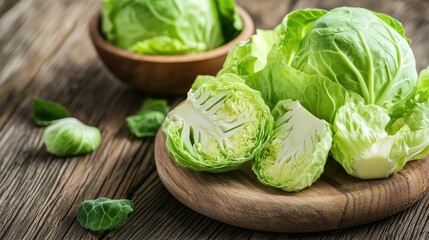 Freshly harvested cabbage cut into wedges on a wooden cutting board with a bowl of whole cabbage in the background