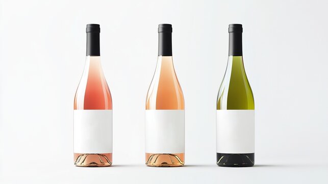3 bottles of wine mockup with blank white labels, front view, plain background