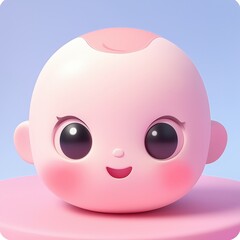 Fototapeta premium Cute 3D rendered image of a pink baby face with big eyes a tiny nose and a little smiling mouth on pink background