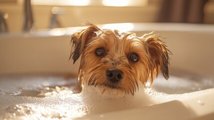 A pampered pooch basks in a frothy bath, surrounded by the gentle scent of lavender and the loving gaze of its human groomer, bathed in the warm glow of a sunny bathroom.
