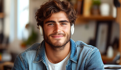 Obraz premium Young man wearing headphones and denim jacket smiling indoors at a modern workspace