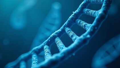 Close-up view of DNA double helix molecular structure in blue and white, biology, science