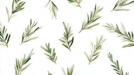 Naklejka premium Delicate hand-painted rosemary sprigs scattered elegantly on pristine white background, botanical watercolor illustration with soft green leaves and stems showing fine detail texture, gentle shadows
